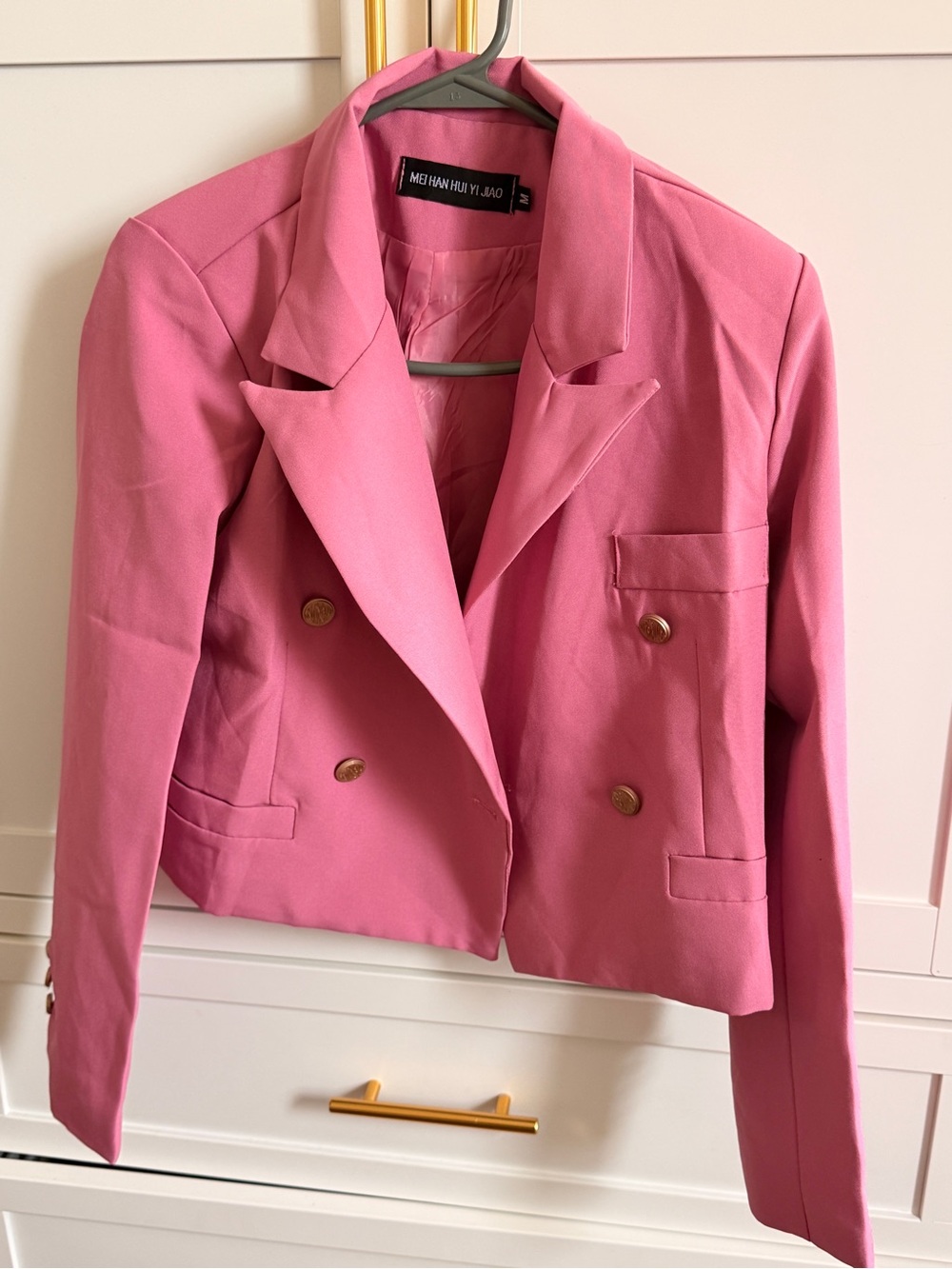 SHEIN Pink Double-Breasted Cropped Blazer with Gold Buttons